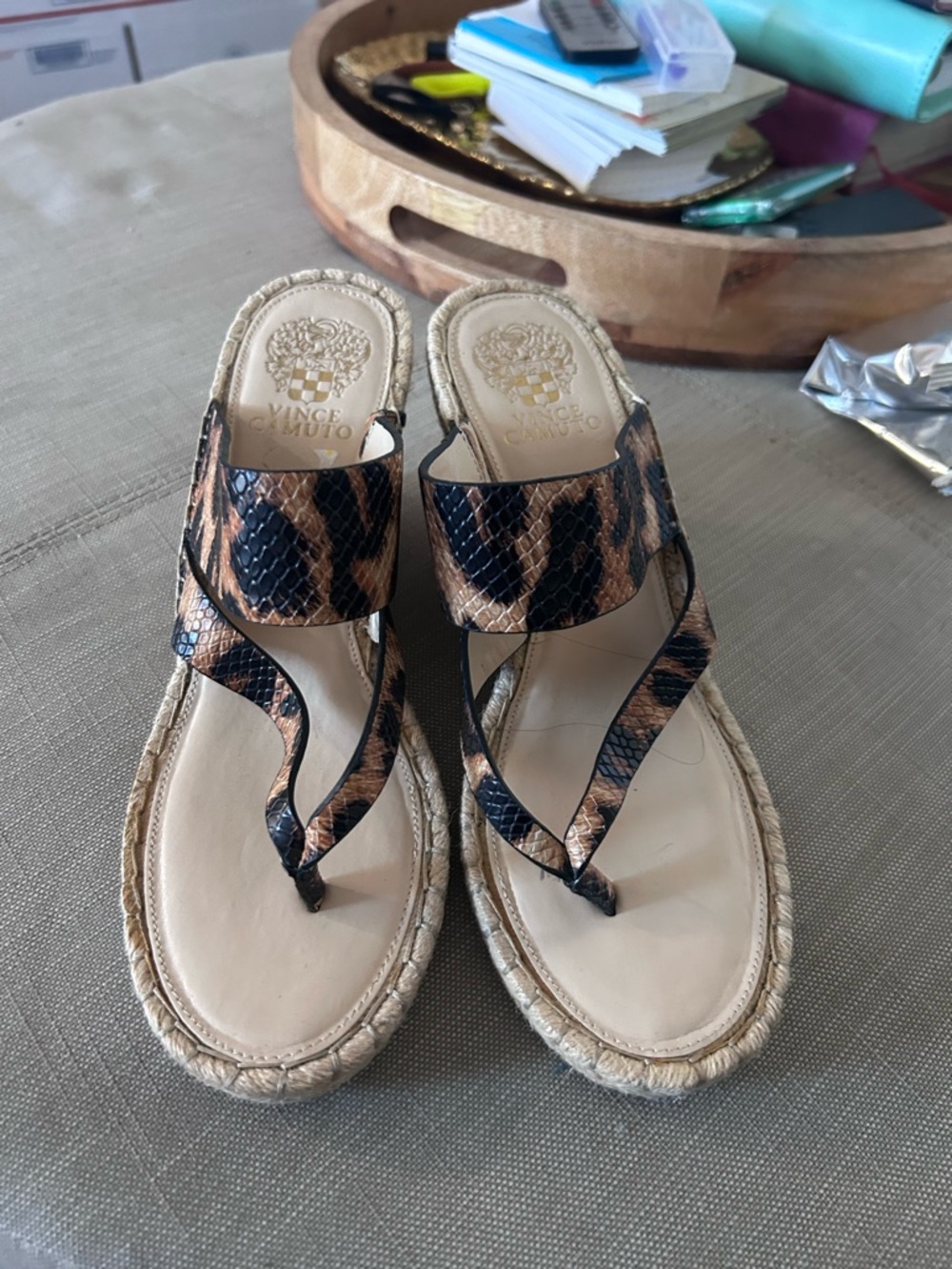 Vince Camuto Snake-Print Tan & Black Espadrille Thong Sandals